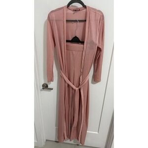 JLUXLABEL Ribbed Duster Cardigan & Top and Wide Leg Pants Set Blush Pink Small‎